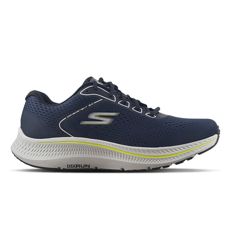 A navy Skechers GO RUN Consistent 2.0 running shoe with a white and yellow sole.