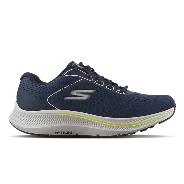 A navy Skechers GO RUN Consistent 2.0 running shoe with a white and yellow sole.