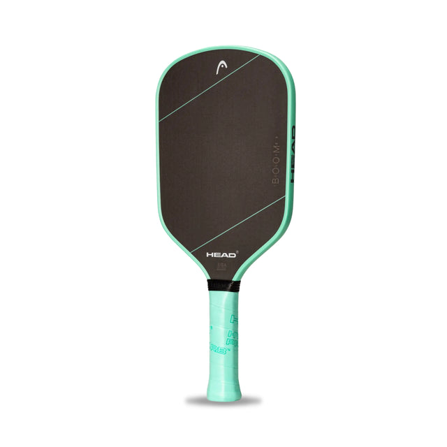 Pickleball paddle with black face and teal handle on a white background