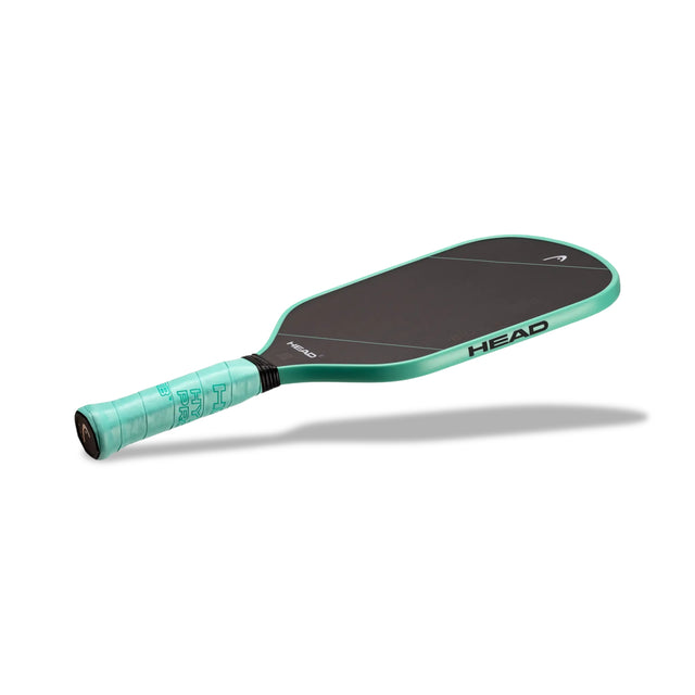Green and black pickleball paddle with 'HEAD' branding on a white background