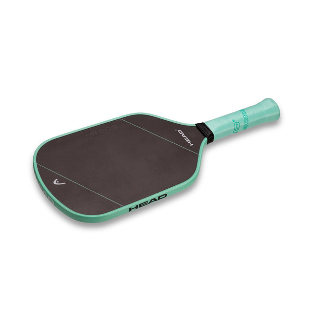 Pickleball paddle with black paddle and teal handle on a white background