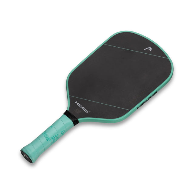 Teal and black pickleball paddle with HEAD branding on a white background