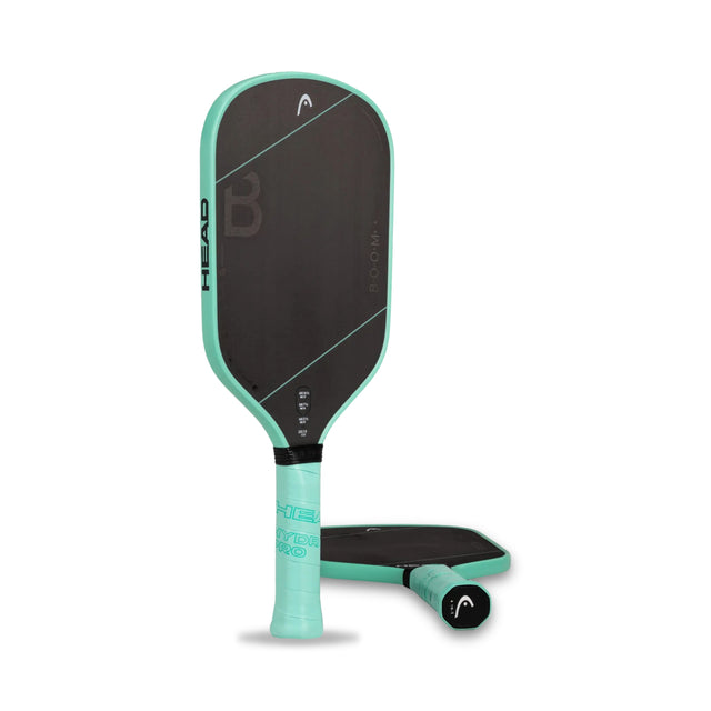 Teal and black pickleball paddle with HEAD logo on a white background