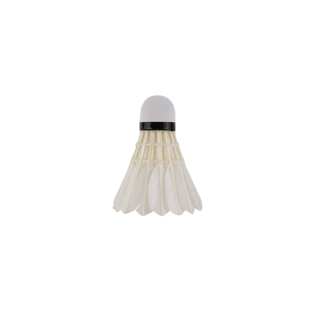 A Mizuno white feather badminton shuttlecock with a cork base and duck feather construction.