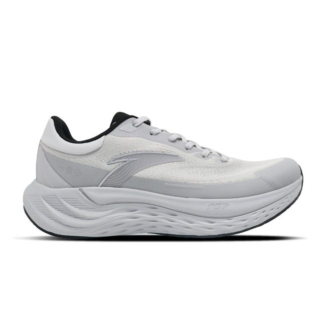 White running shoe with black accents on a white background