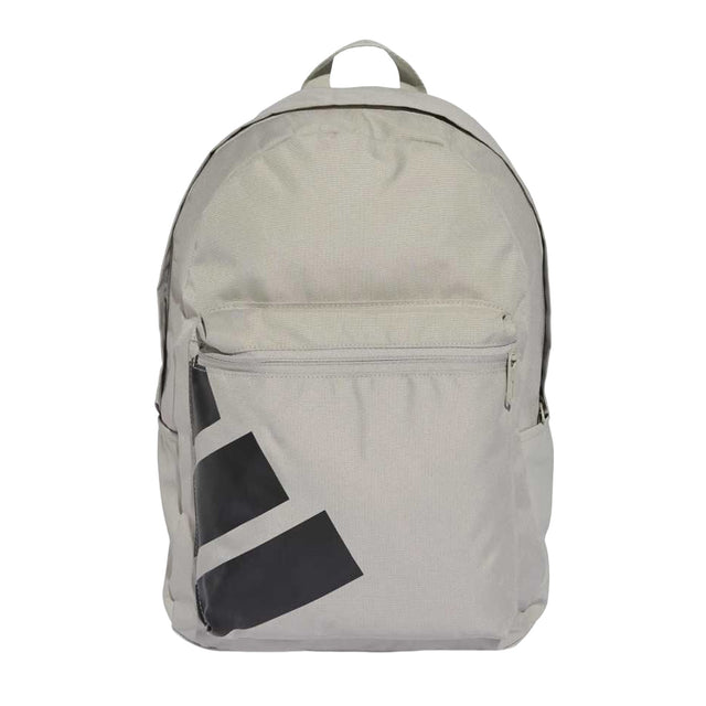 Light gray backpack with a black geometric design on a white background