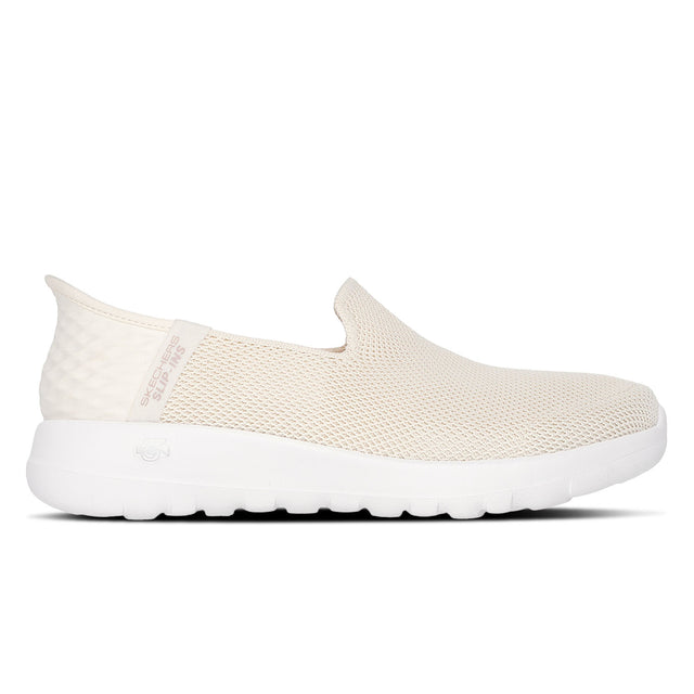 A pair of Skechers GO WALK Joy Vela slip-on shoes in offwhite color with a mesh knit upper and a lightweight sole.