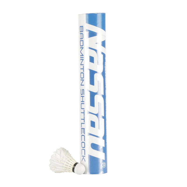 A blue cylindrical container with the text 'NASSAU' and 'BADMINTON SHUTTLECOCK' on it, with a white shuttlecock in front.