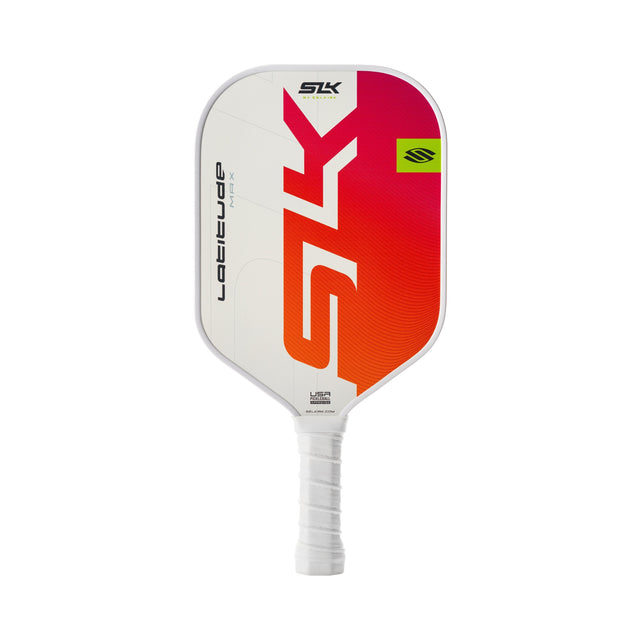 Pickleball paddle with red and white design on a white background
