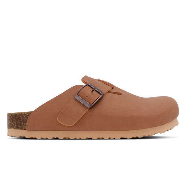 A brown microfiber upper Outland sandal with a buckle strap and EVA sole.