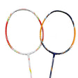 Mizuno Turboblade 587 badminton rackets with colorful strings on a white background