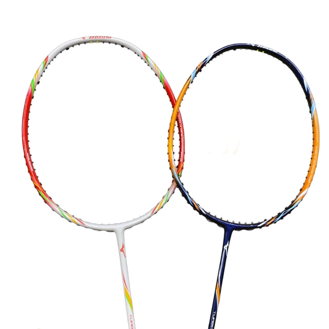Mizuno Turboblade 587 badminton rackets with colorful strings on a white background