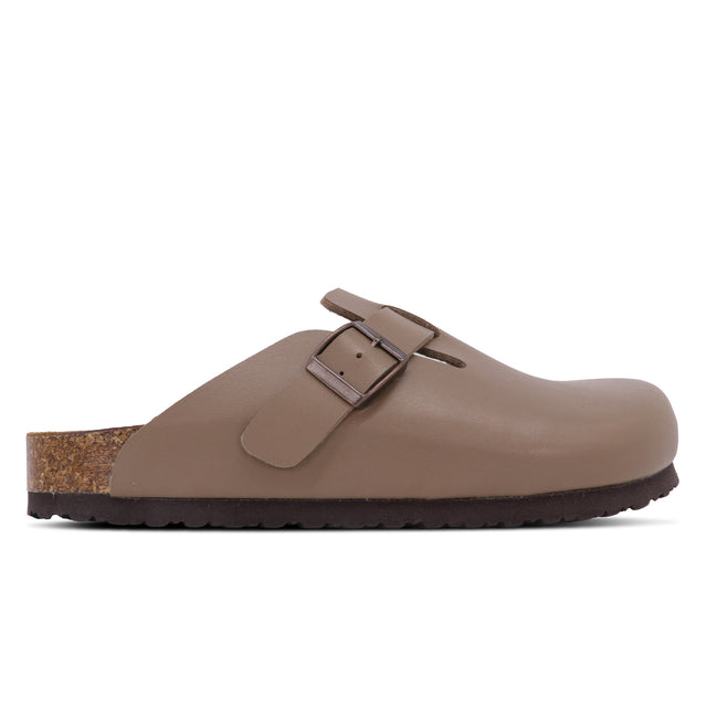 A coffee brown microfiber upper sandal with a buckle strap and EVA sole.