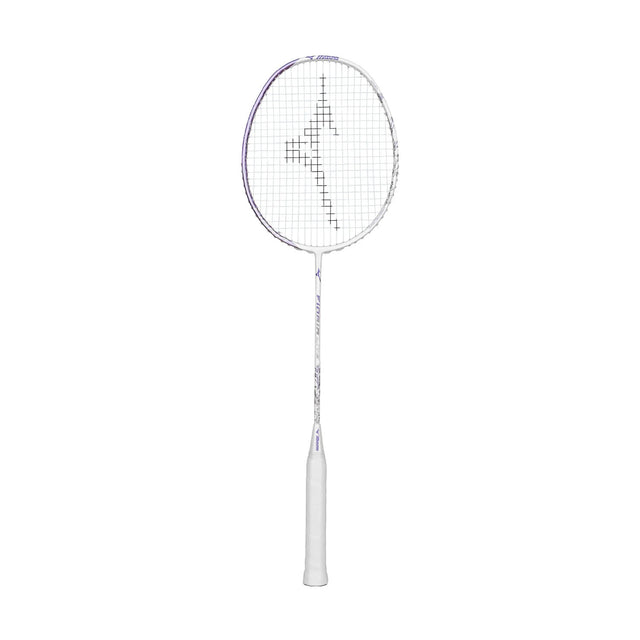 A MIZUNO BR FIORIA LITE badminton racket with a white grip, lavender frame, and white strings, featuring the Mizuno brand logo.
