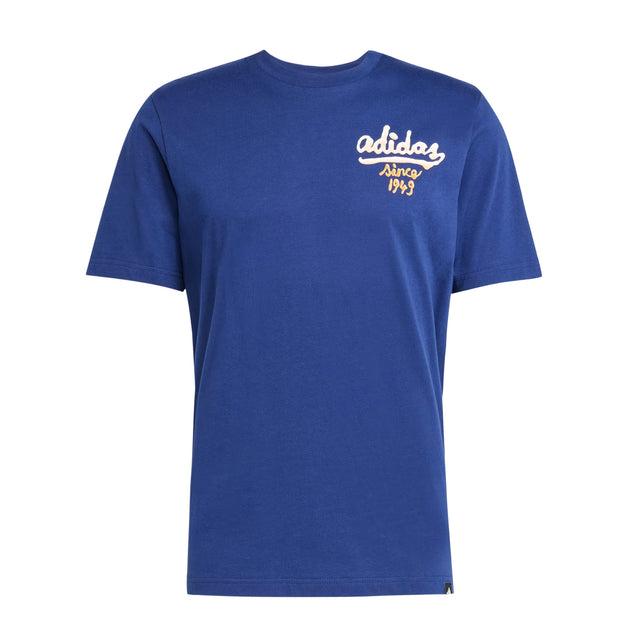 Blue t-shirt with white text on a white background