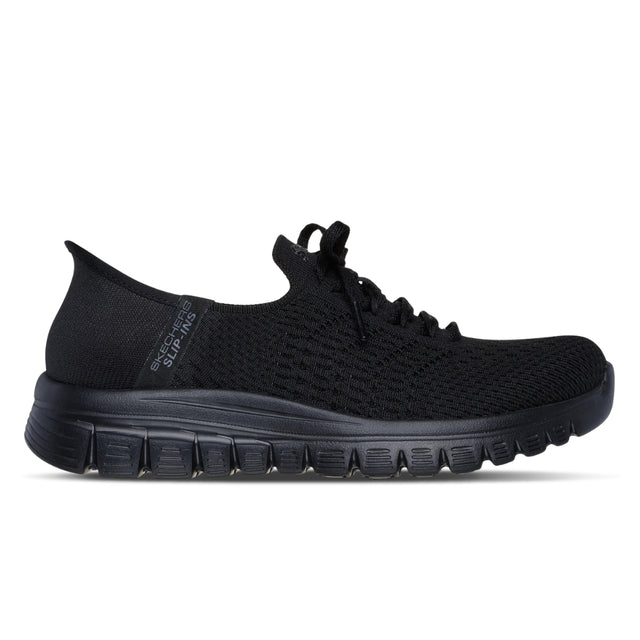 Black sneaker with brand logo on a white background