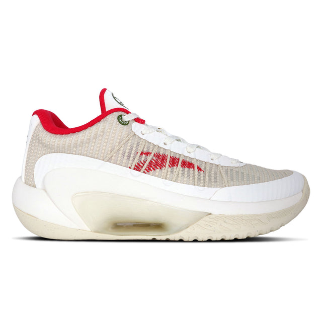 A pair of Anta Three-Point Rain 2.0 basketball shoes with a white base color, featuring red accents and a clear sole.