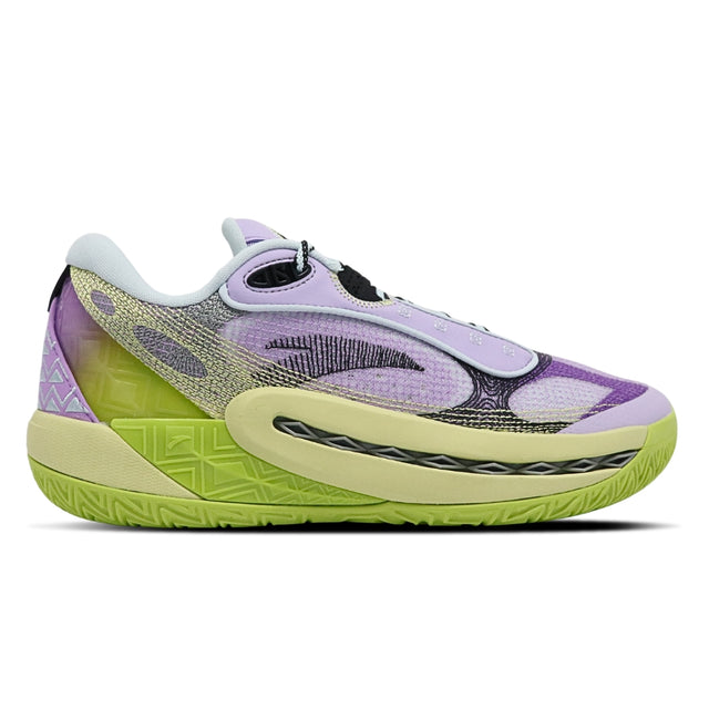 Basketball shoe with purple and green design on a white background
