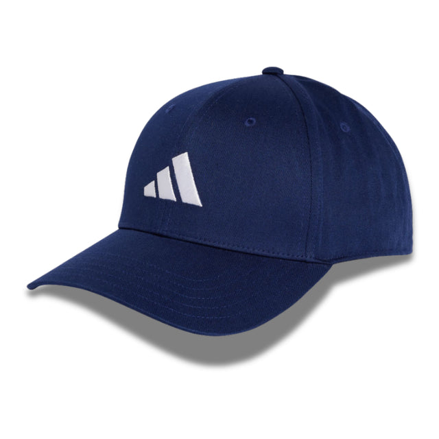 Blue cap with white Adidas logo on a white background