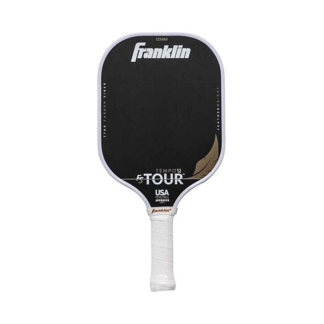 Black pickleball paddle with white handle and Franklin branding on a white background