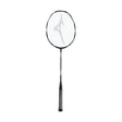 A black and blue Mizuno Razorblade 505 badminton racket with strings and handle visible.