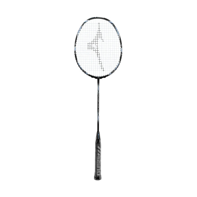 A black and blue Mizuno Razorblade 505 badminton racket with strings and handle visible.