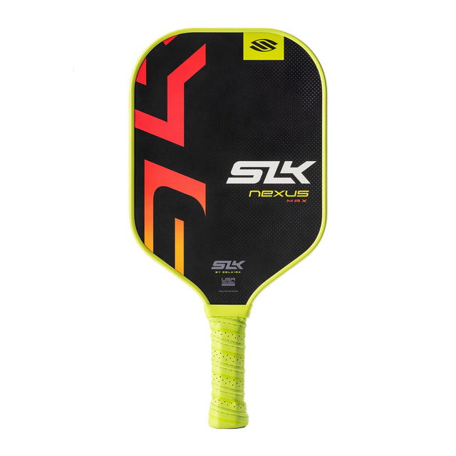 Pickleball paddle with black, red, and yellow design on a white background