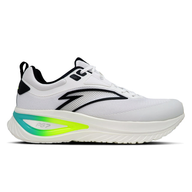 A pair of white ANTA running shoes with green accents and a distinctive sole design.
