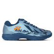 A Yonex Blaze 3 badminton shoe with a lateral shell design in crystal teal and hyper orange colors, featuring a lace-up closure and a flat sole.