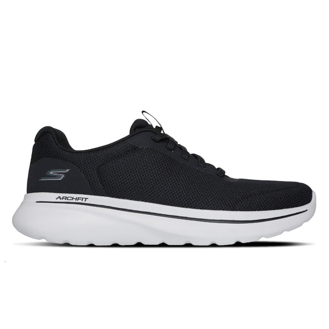 Black running shoe with white sole on a white background