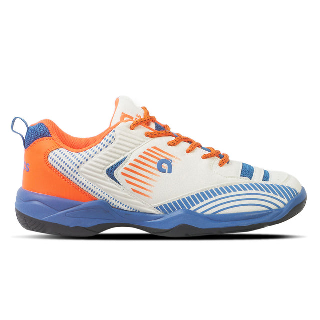 A pair of Yonex CP255 badminton shoes with a white, orange, and blue color scheme, featuring a synthetic leather upper and a rubber outsole.