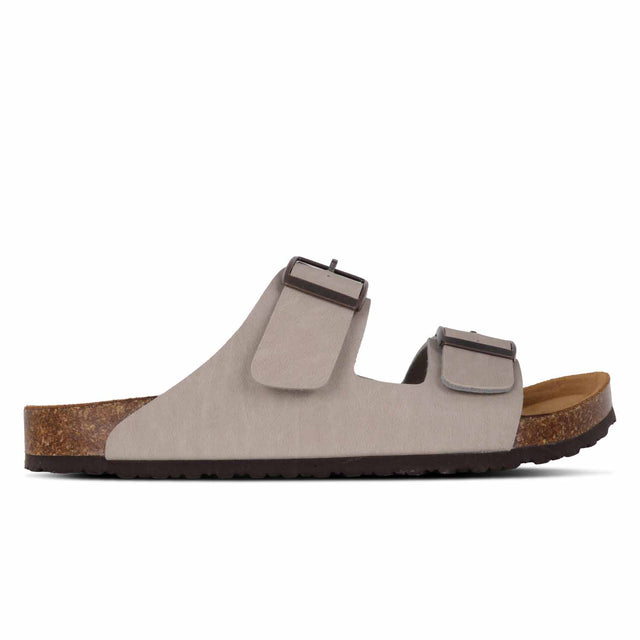 A pair of Outland Connecticut sandals in cement gray and brown colors with a microfiber upper and suede sole.