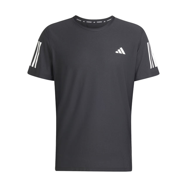 Black t-shirt with Adidas logo and stripes on a white background