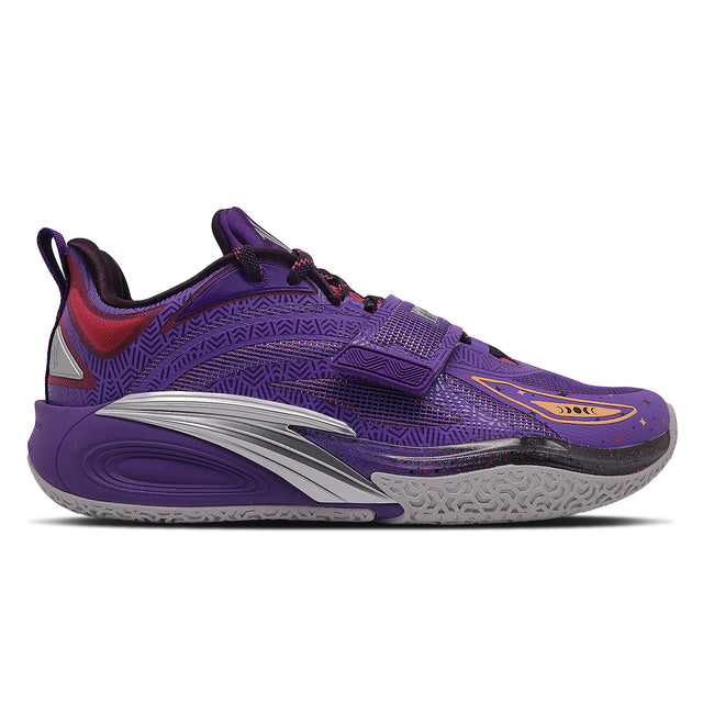 A pair of purple and red basketball shoes with a unique design, featuring a moon-like shape on the sole.