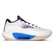A pair of white basketball shoes with blue accents and a multicolored pattern on the side.