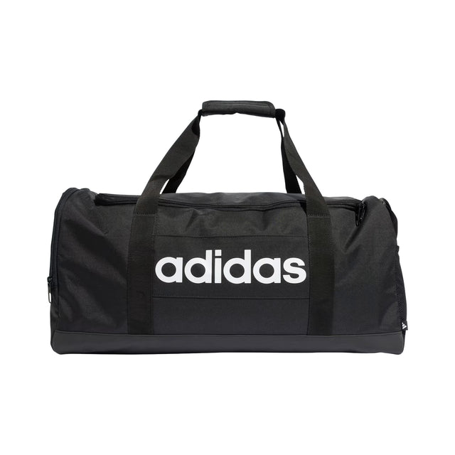 Black duffel bag with Adidas logo on a white background