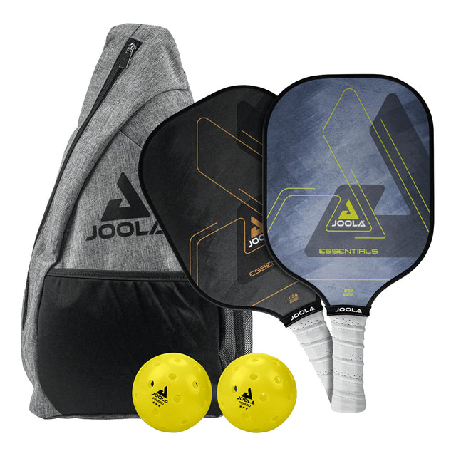 Joola pickleball paddles and balls with a gray bag on a white background