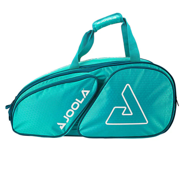 Teal sports bag with a logo on a white background