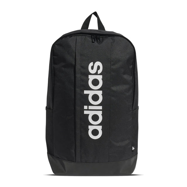 Black Adidas backpack with white logo on a white background