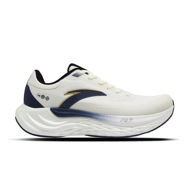 White running shoe with blue accents on a white background