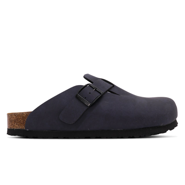 A navy blue faux leather sandal with a microfiber upper and a cork sole.