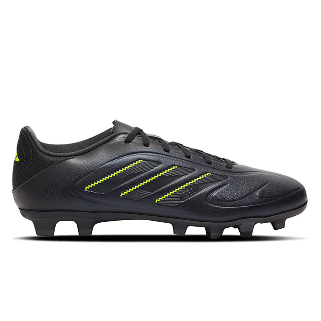 Black soccer cleat with yellow accents on a white background