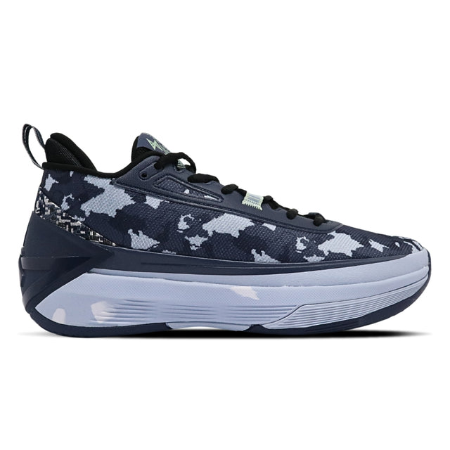 Navy and white sneaker with camouflage pattern on a white background