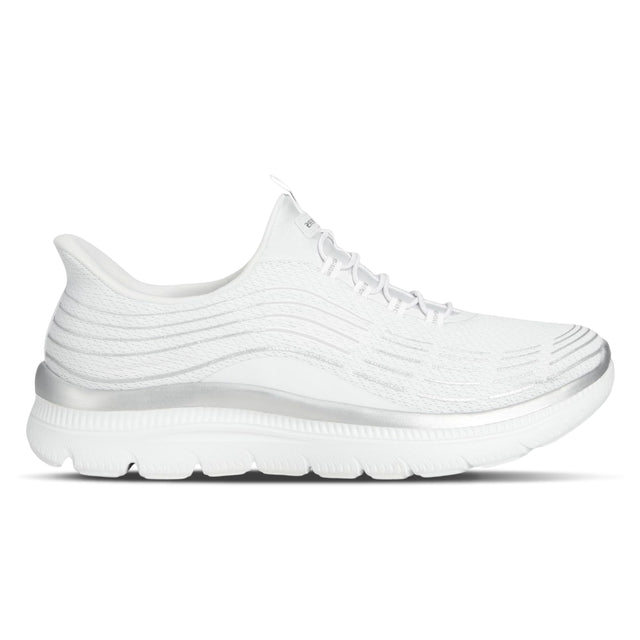 White athletic shoe with a silver sole on a white background