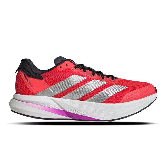 Red running shoe with black and white accents on a white background