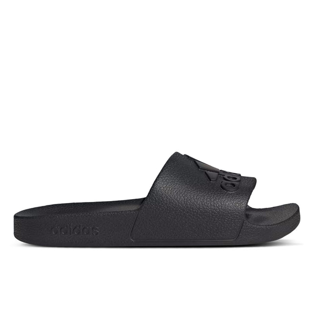 A pair of black adidas Adilette Aqua slippers with a streamlined silhouette and a molded EVA footbed.