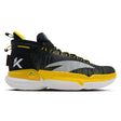 A pair of Klay Thompson Kt9 basketball shoes featuring black, yellow, and white colors with a carbon fiber plate and heel TPU frame.