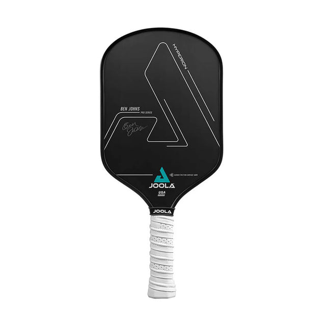 Black pickleball paddle with white handle on a white background