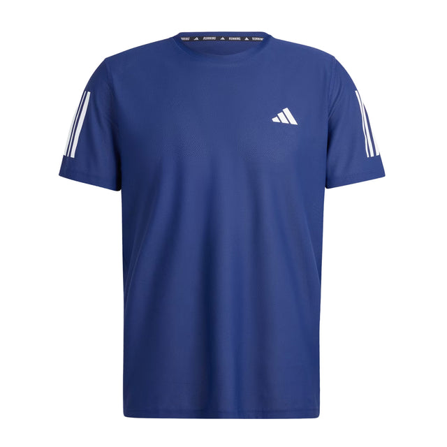 Blue Adidas t-shirt with white stripes on a white background