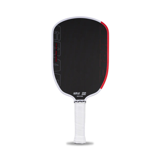 Pickleball paddle with black face, red accents, and white handle on a white background